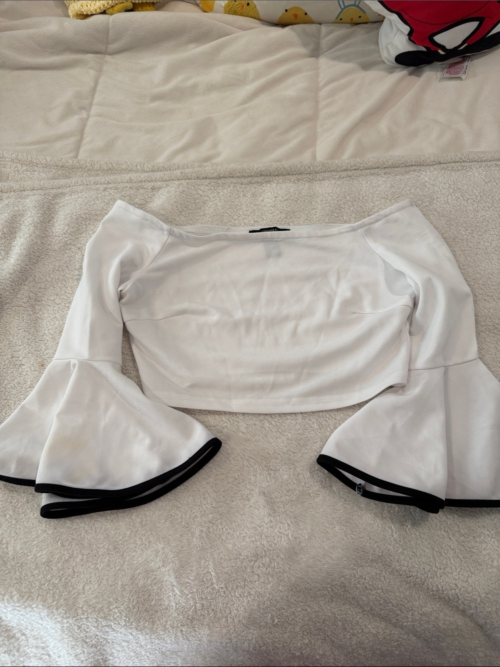 Forever 21 White Off-Shoulder Bell-Sleeve Crop Top with Black Trim
